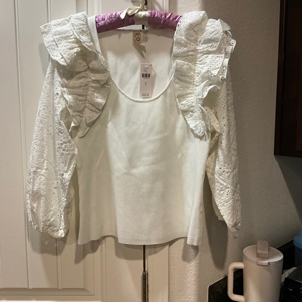 New With Tags DOLAN Ruffle Sleeve Eyelet Ribbed Top